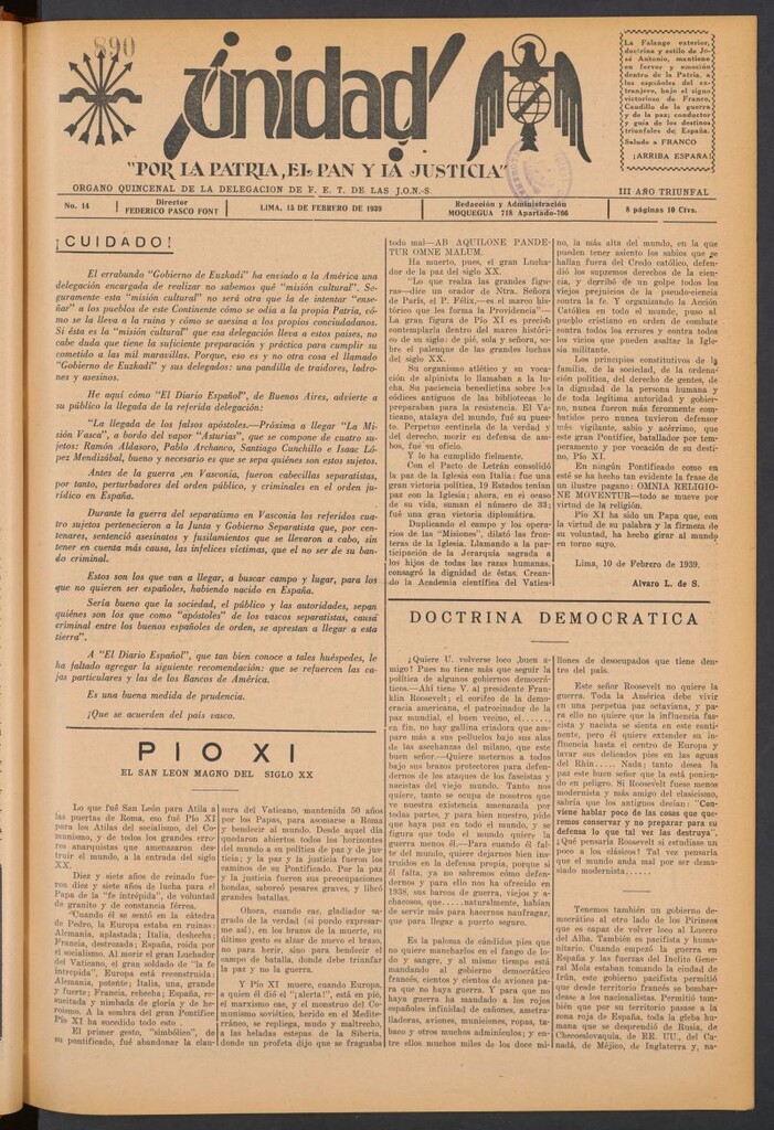 Miniatura de ¡Unidad! : órgano quincenal de la delegación de F.E.T. de las J.O.N.S. del 15 de febrero de 1939