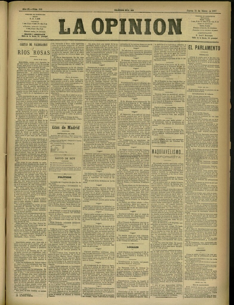 Miniatura de La Opinión del 10 de marzo de 1887, nº 306