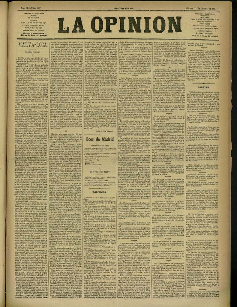 Miniatura de La Opinión del 11 de marzo de 1887, nº 307