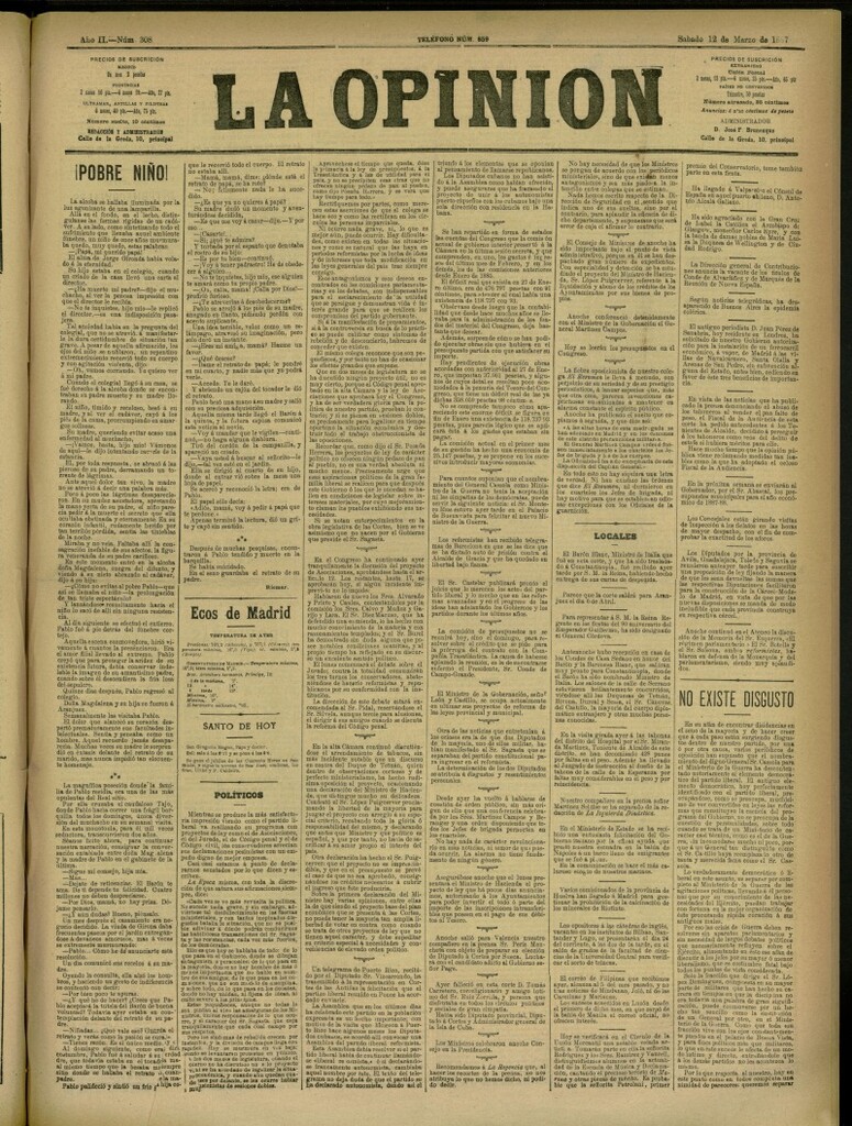 Miniatura de La Opinión del 12 de marzo de 1887, nº 308