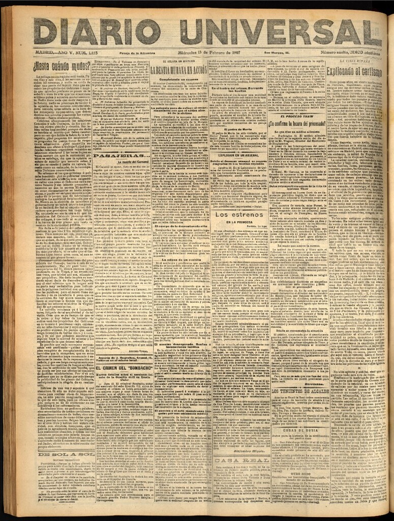 Miniatura de Diario Universal del 13 de febrero de 1907, edición de noche