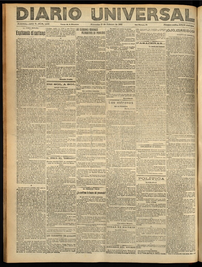 Miniatura de Diario Universal del 13 de febrero de 1907, edición de tarde