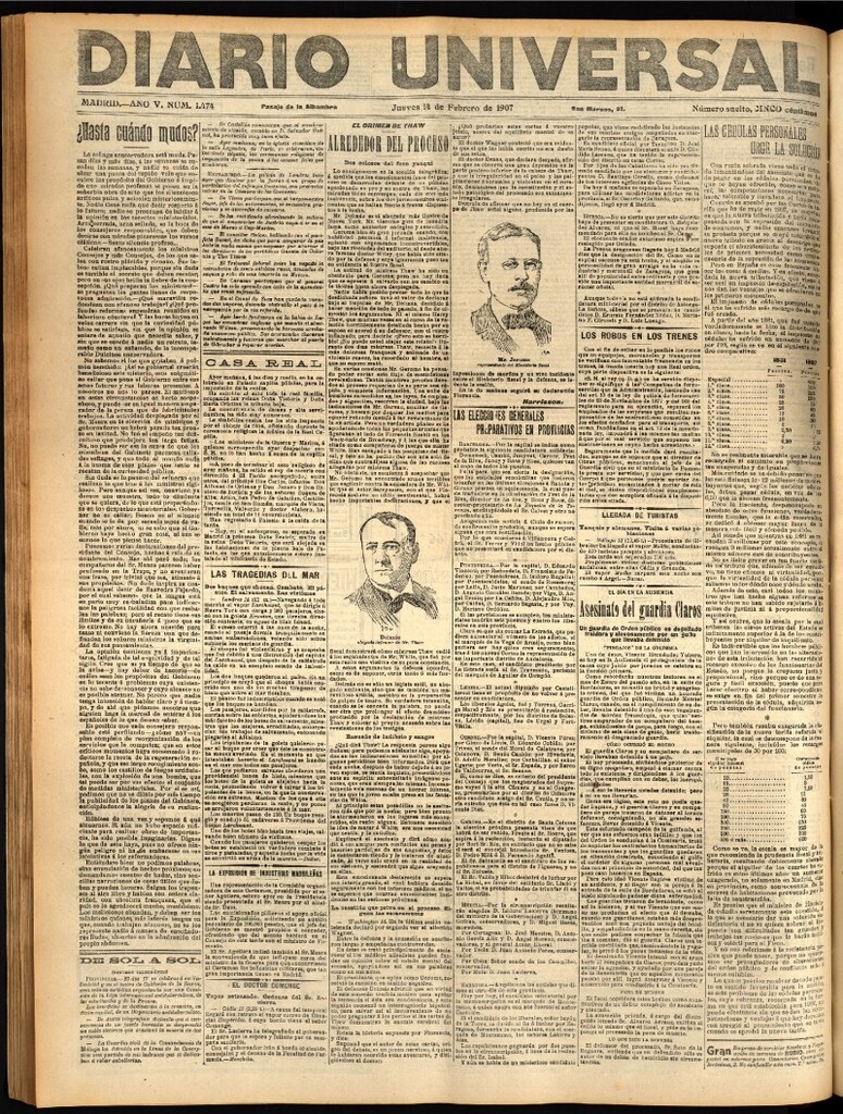 Miniatura de Diario Universal del 14 de febrero de 1907, edición de noche