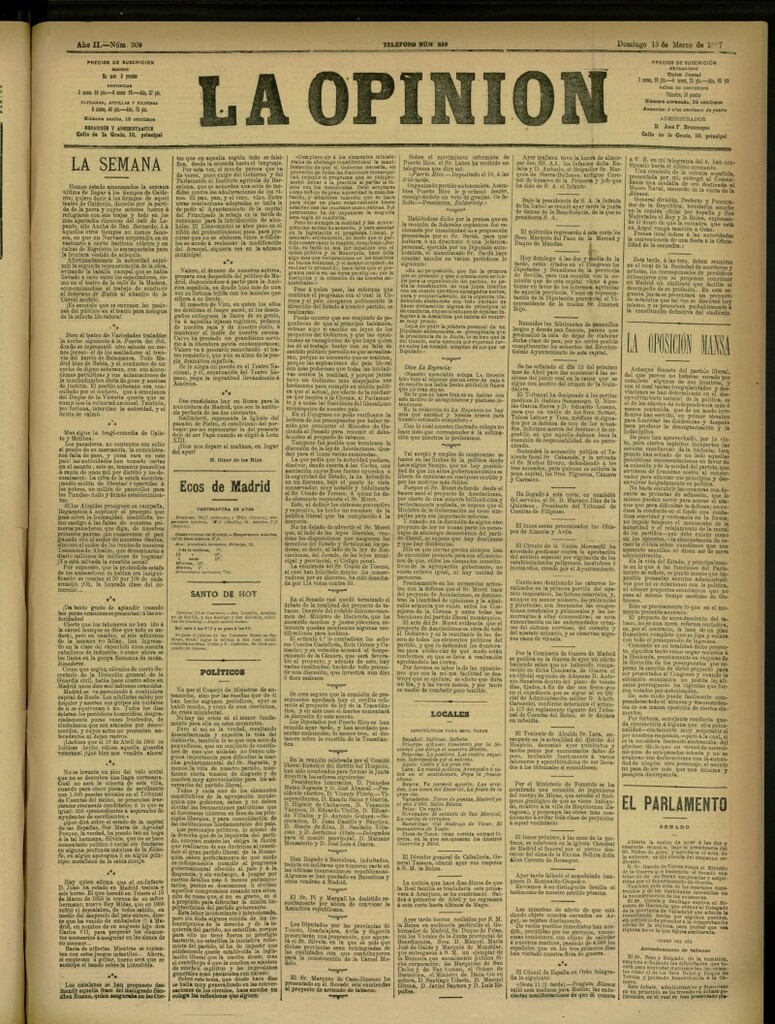 Miniatura de La Opinión del 13 de marzo de 1887, nº 309