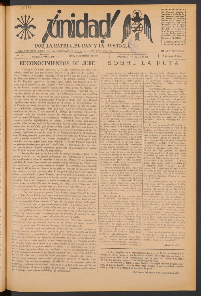 Miniatura de ¡Unidad! : órgano quincenal de la delegación de F.E.T. de las J.O.N.S. del 1 de marzo de 1939