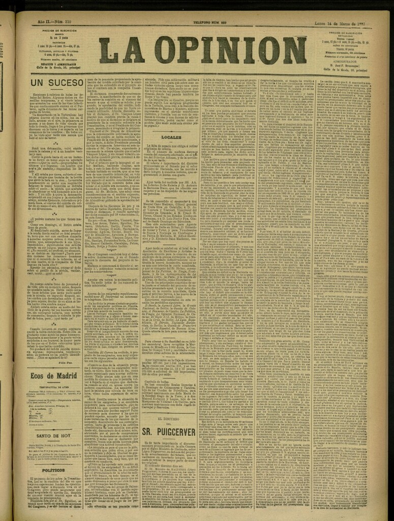 Miniatura de La Opinión del 14 de marzo de 1887, nº 310