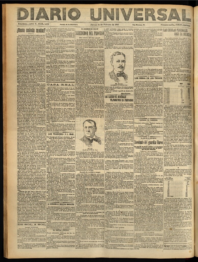 Miniatura de Diario Universal del 14 de febrero de 1907, edición de tarde