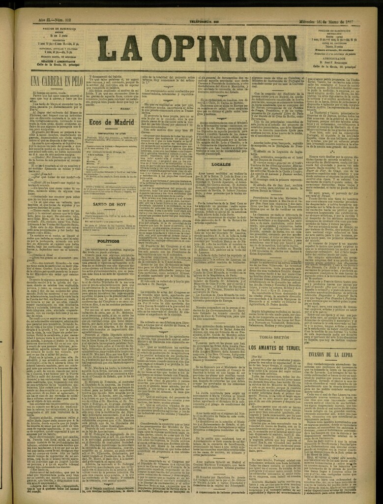 Miniatura de La Opinión del 16 de marzo de 1887, nº 312