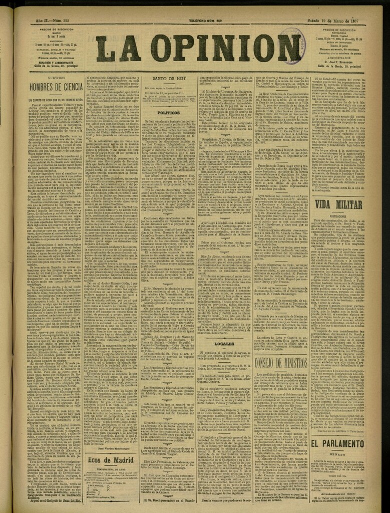 Miniatura de La Opinión del 19 de marzo de 1887, nº 315