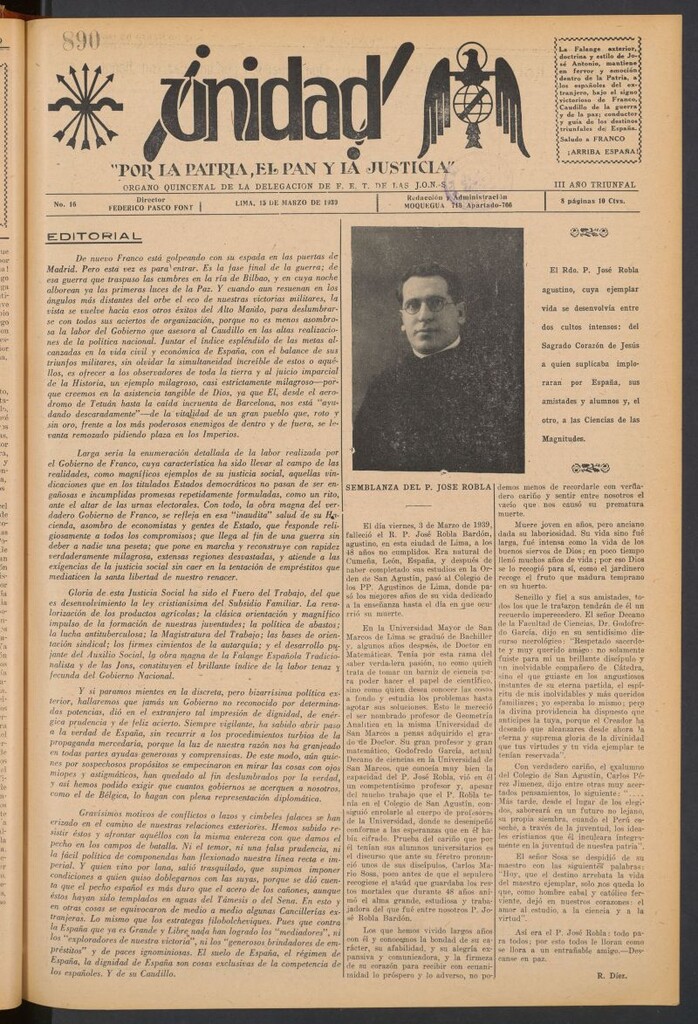 Miniatura de ¡Unidad! : órgano quincenal de la delegación de F.E.T. de las J.O.N.S. del 15 de marzo de 1939