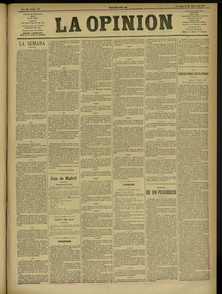 Miniatura de La Opinión del 20 de marzo de 1887, nº 316