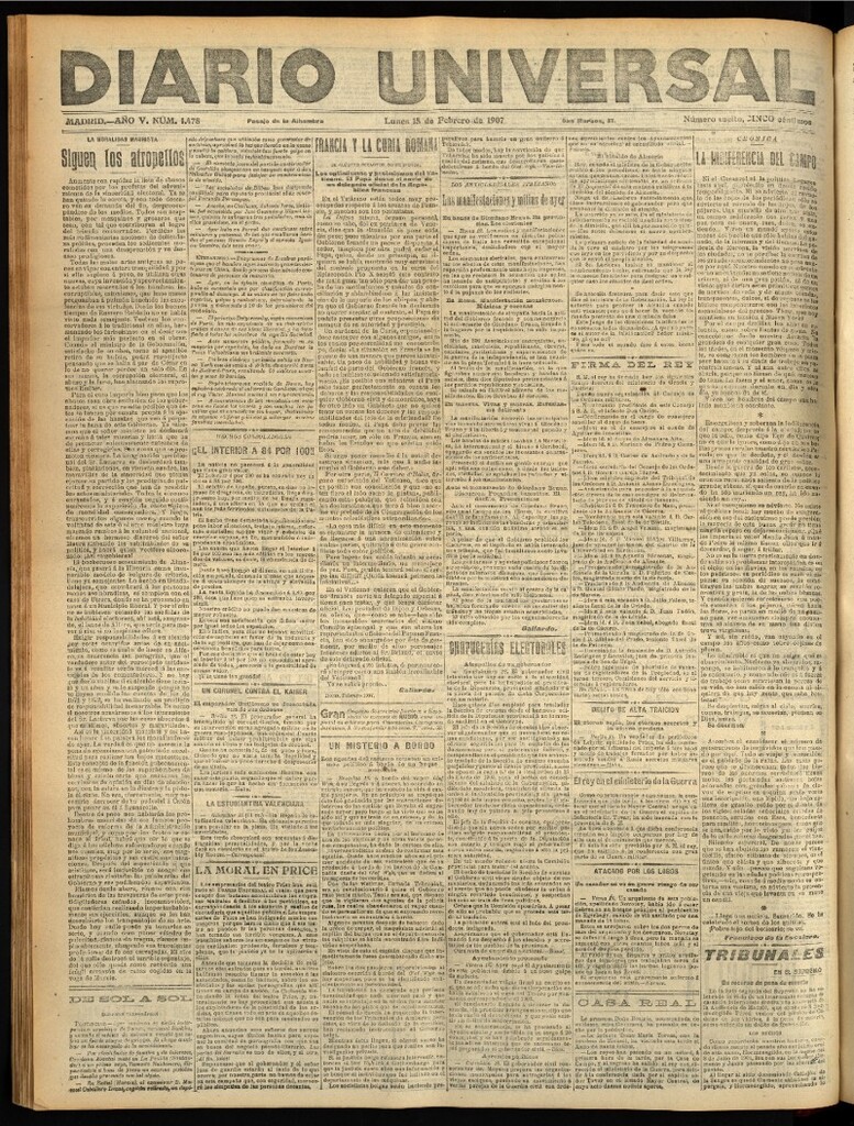 Miniatura de Diario Universal del 18 de febrero de 1907, edición de tarde