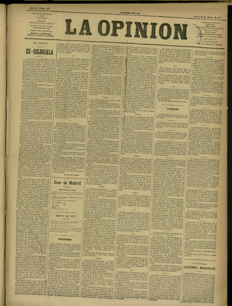 Miniatura de La Opinión del 24 de marzo de 1887, nº 320