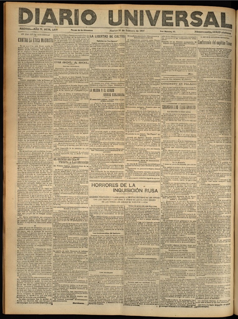 Miniatura de Diario Universal del 19 de febrero de 1907, edición de noche