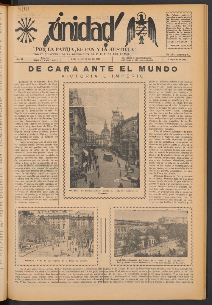 Miniatura de ¡Unidad! : órgano quincenal de la delegación de F.E.T. de las J.O.N.S. del 1 de abril de 1939
