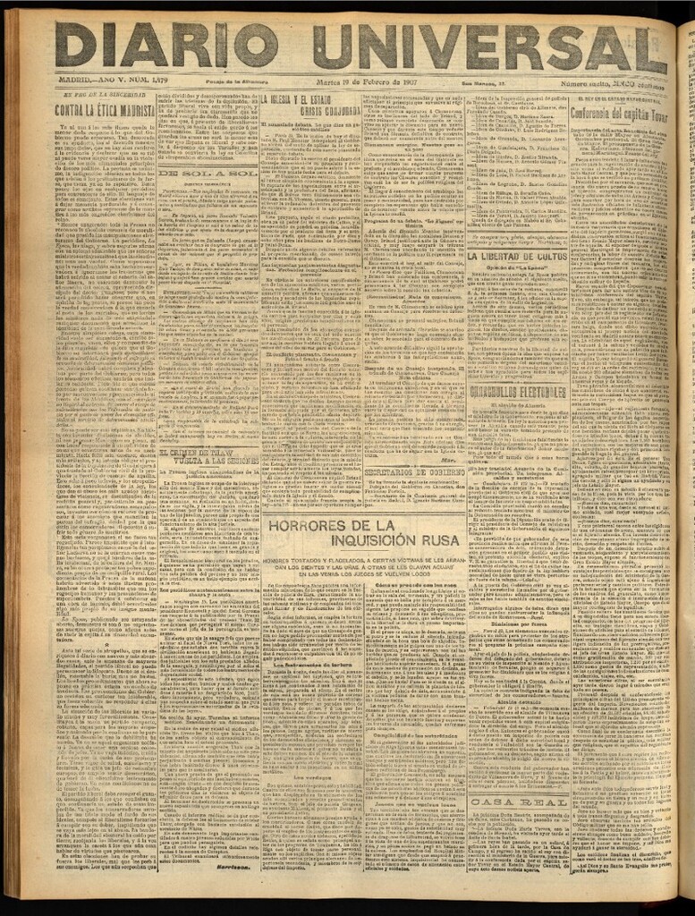 Miniatura de Diario Universal del 19 de febrero de 1907, edición de tarde