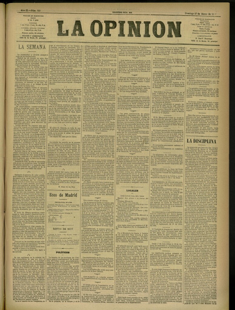 Miniatura de La Opinión del 27 de marzo de 1887, nº 323