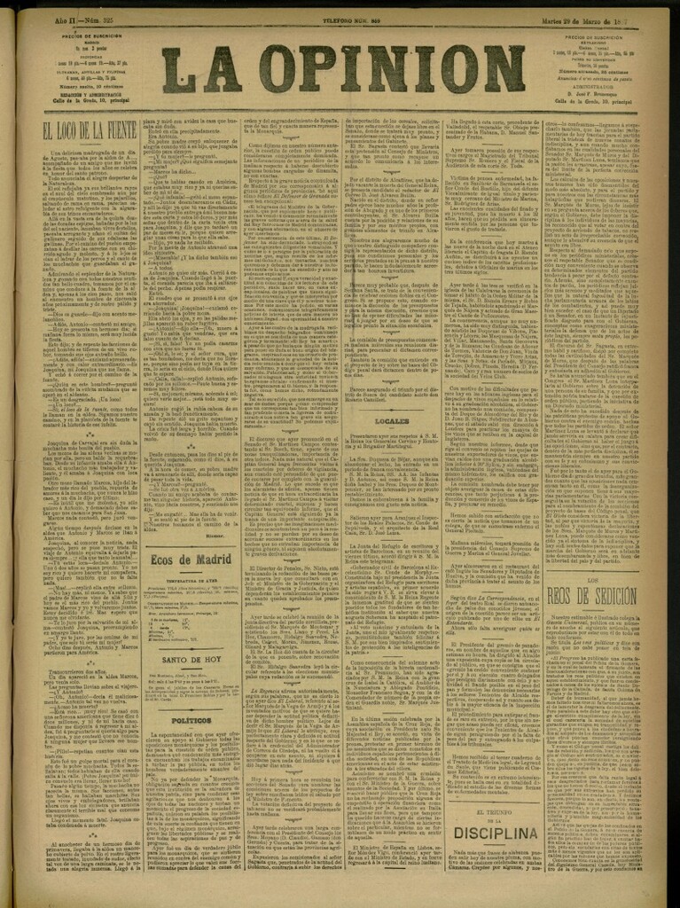 Miniatura de La Opinión del 29 de marzo de 1887, nº 325