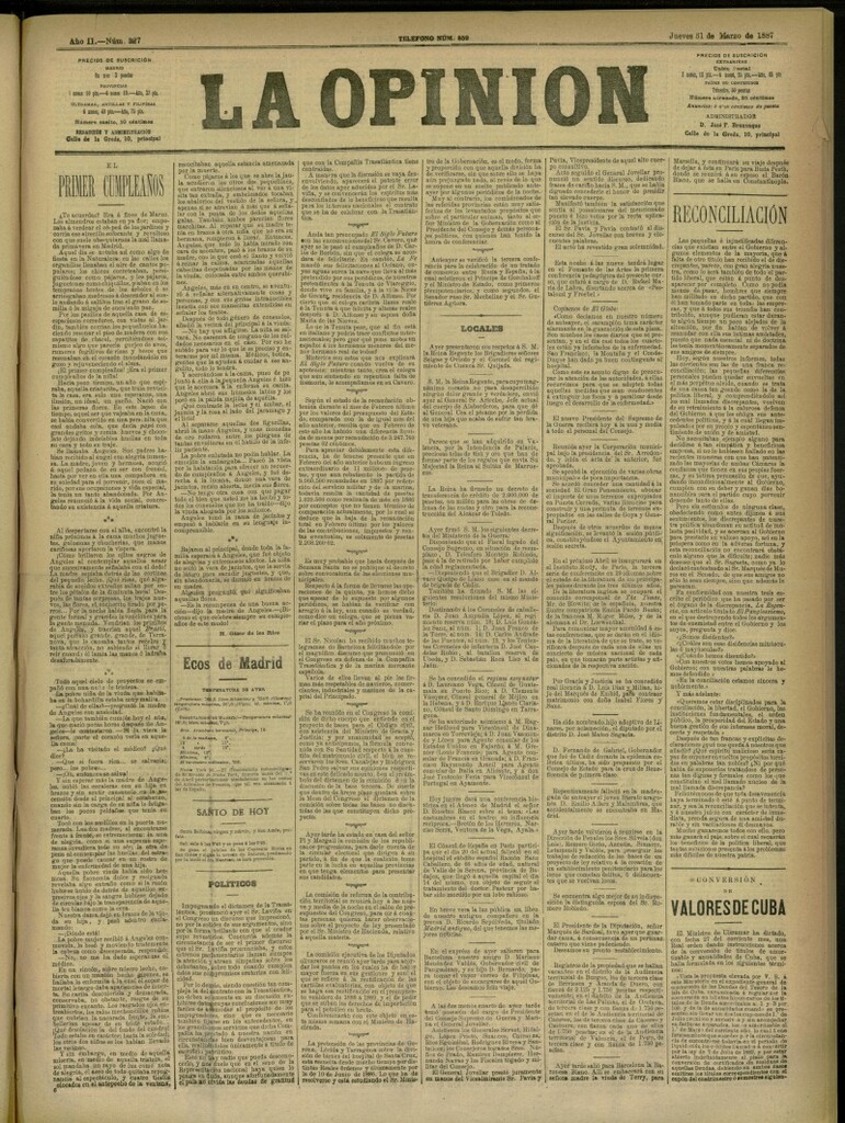 Miniatura de La Opinión del 31 de marzo de 1887, nº 327