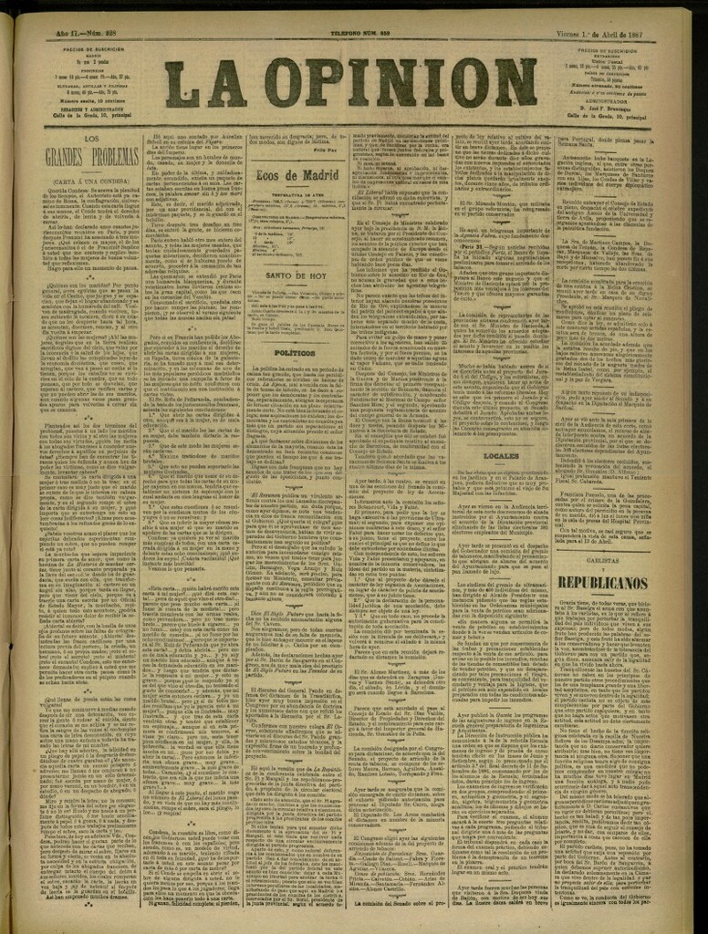 Miniatura de La Opinión del 1 de abril de 1887, nº 328