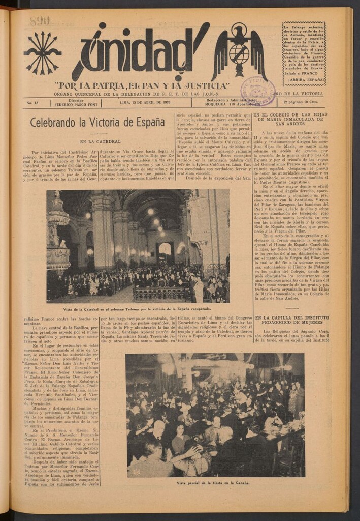 Miniatura de ¡Unidad! : órgano quincenal de la delegación de F.E.T. de las J.O.N.S. del 15 de abril de 1939