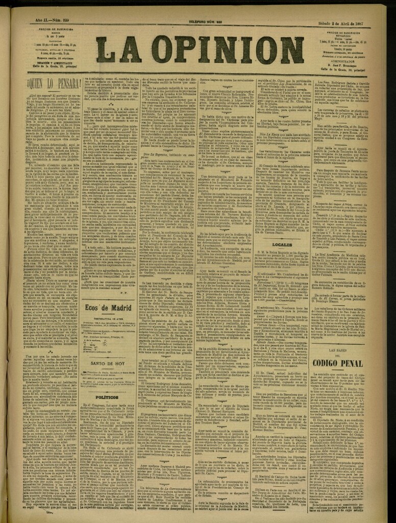 Miniatura de La Opinión del 2 de abril de 1887, nº 329