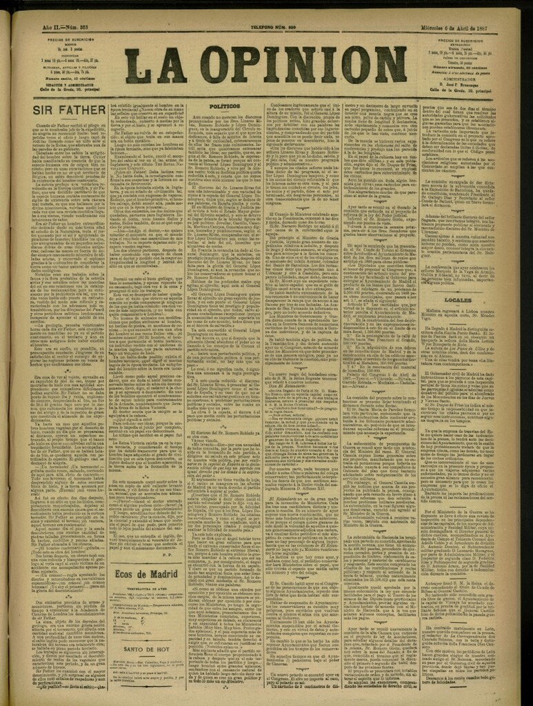 Miniatura de La Opinión del 6 de abril de 1887, nº 333