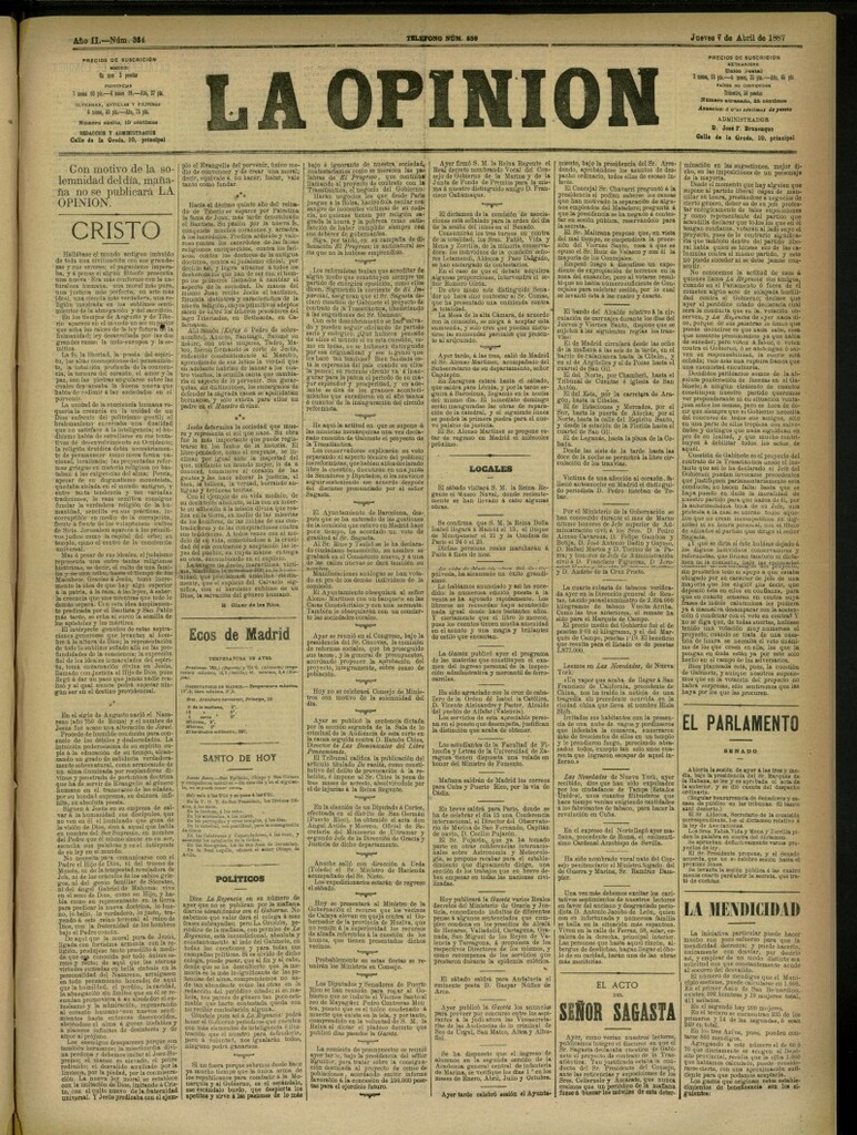 Miniatura de La Opinión del 7 de abril de 1887, nº 334