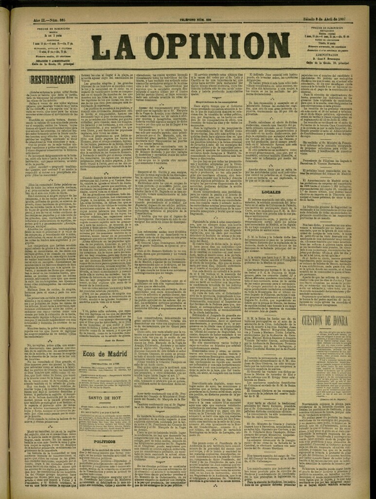 Miniatura de La Opinión del 9 de abril de 1887, nº 335