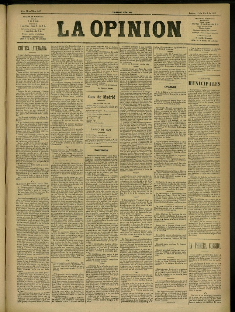 Miniatura de La Opinión del 11 de abril de 1887, nº 337