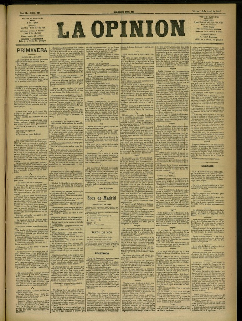 Miniatura de La Opinión del 12 de abril de 1887, nº 338