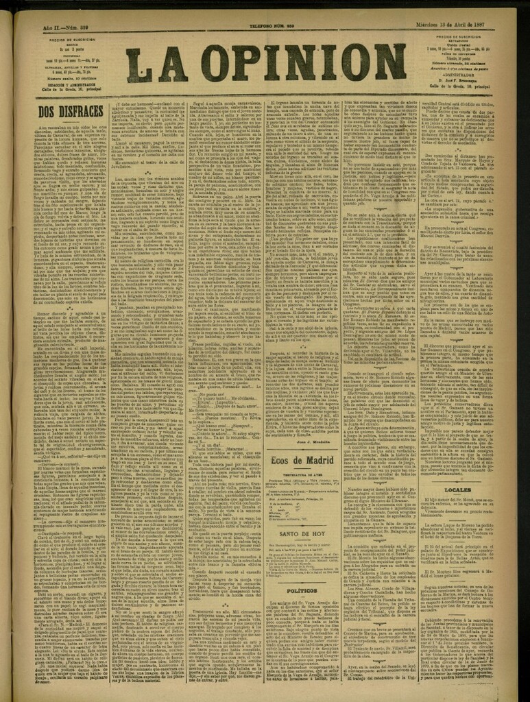 Miniatura de La Opinión del 13 de abril de 1887, nº 339