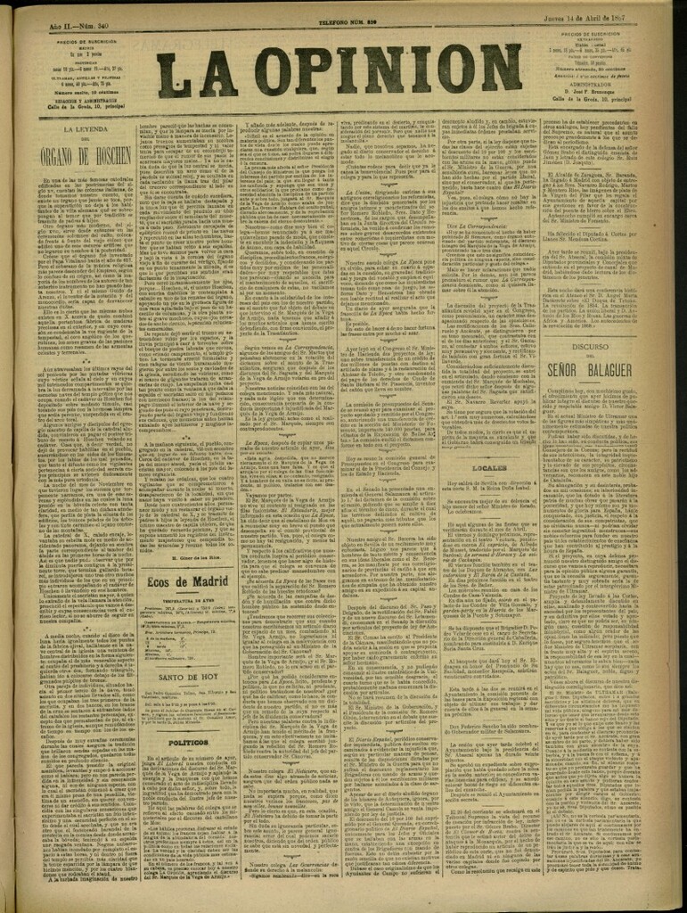 Miniatura de La Opinión del 14 de abril de 1887, nº 340