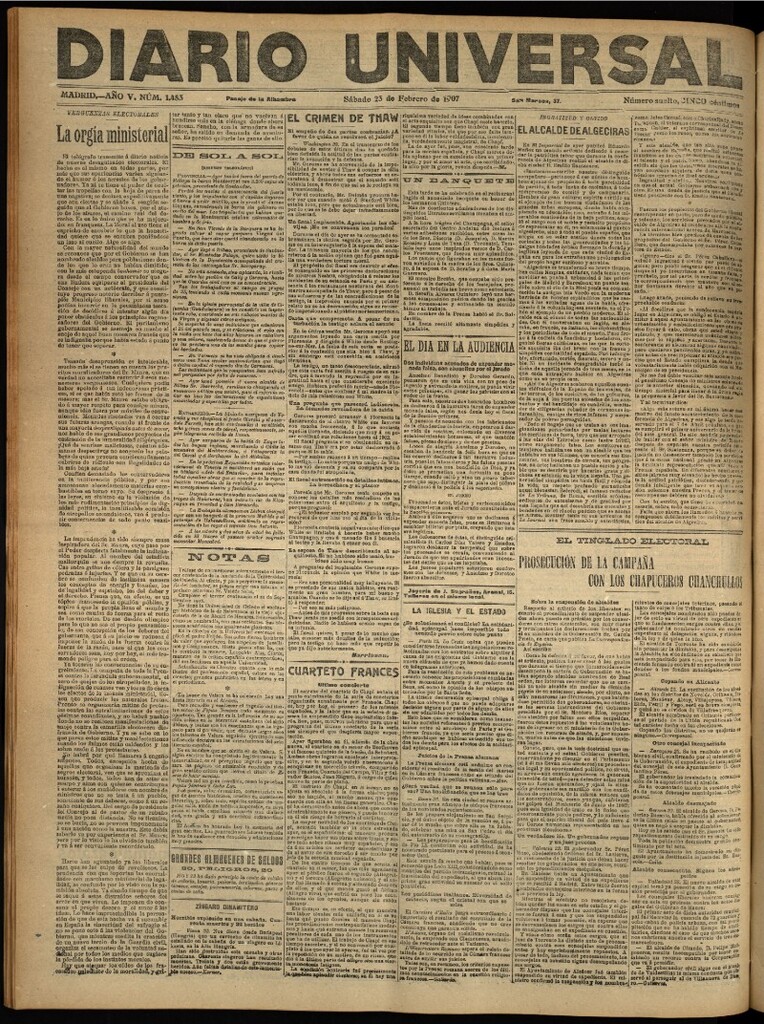 Miniatura de Diario Universal del 23 de febrero de 1907, edición de noche