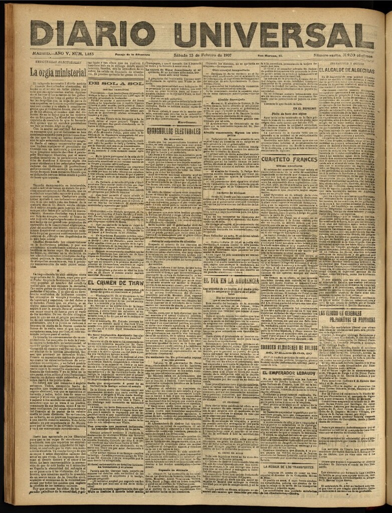 Miniatura de Diario Universal del 23 de febrero de 1907, edición de tarde