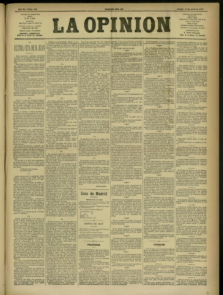 Miniatura de La Opinión del 16 de abril de 1887, nº 342
