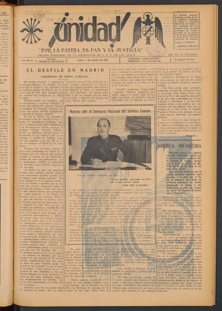 Miniatura de ¡Unidad! : órgano quincenal de la delegación de F.E.T. de las J.O.N.S. del 1 de junio de 1939