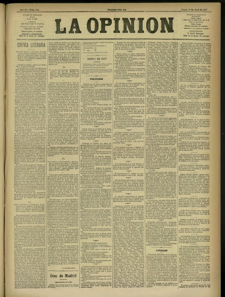 Miniatura de La Opinión del 18 de abril de 1887, nº 344