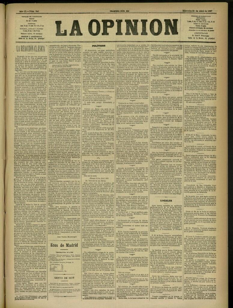 Miniatura de La Opinión del 20 de abril de 1887, nº 346
