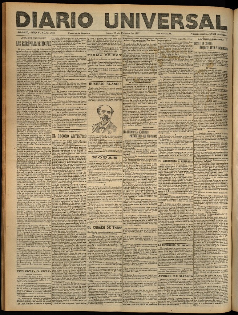 Miniatura de Diario Universal del 25 de febrero de 1907, edición de noche