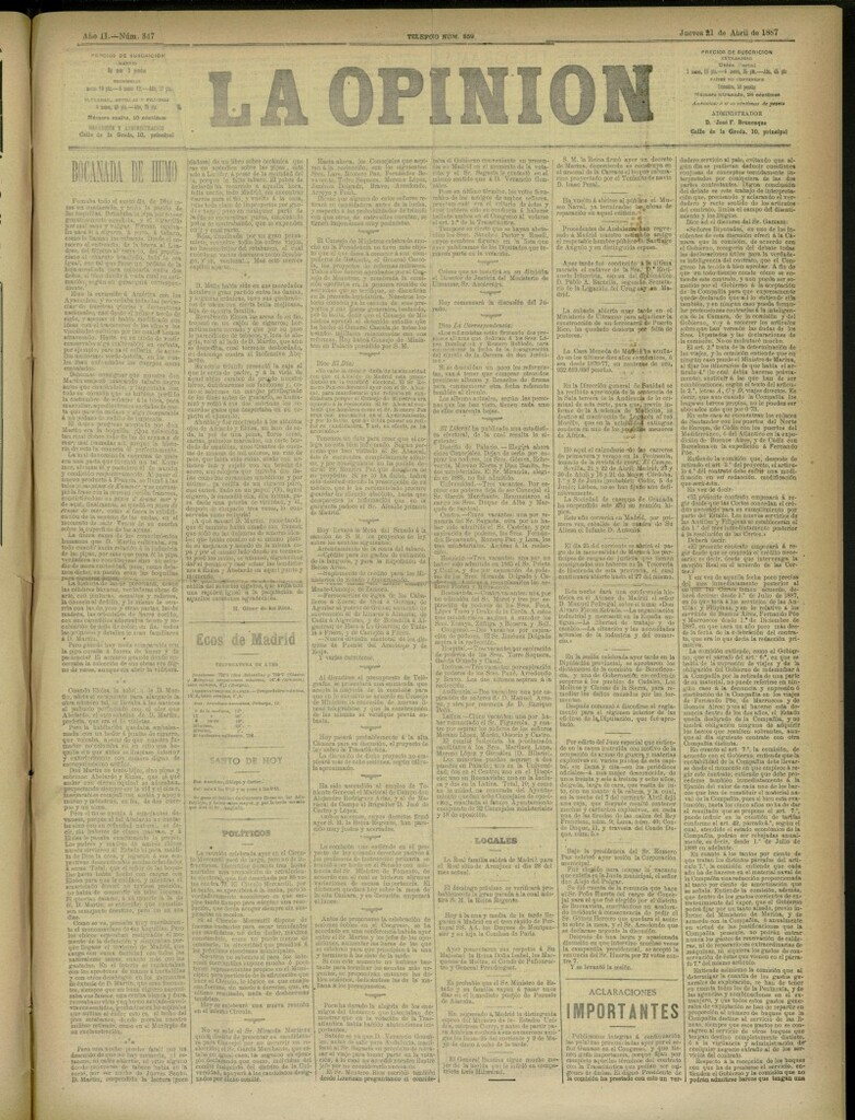 Miniatura de La Opinión del 21 de abril de 1887, nº 347
