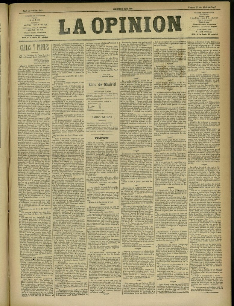 Miniatura de La Opinión del 22 de abril de 1887, nº 348
