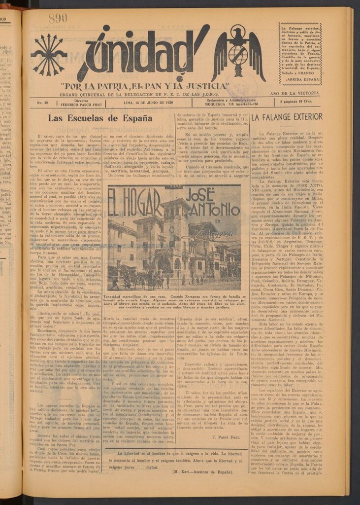 Miniatura de ¡Unidad! : órgano quincenal de la delegación de F.E.T. de las J.O.N.S. del 15 de junio de 1939