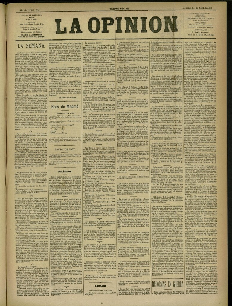 Miniatura de La Opinión del 24 de abril de 1887, nº 350