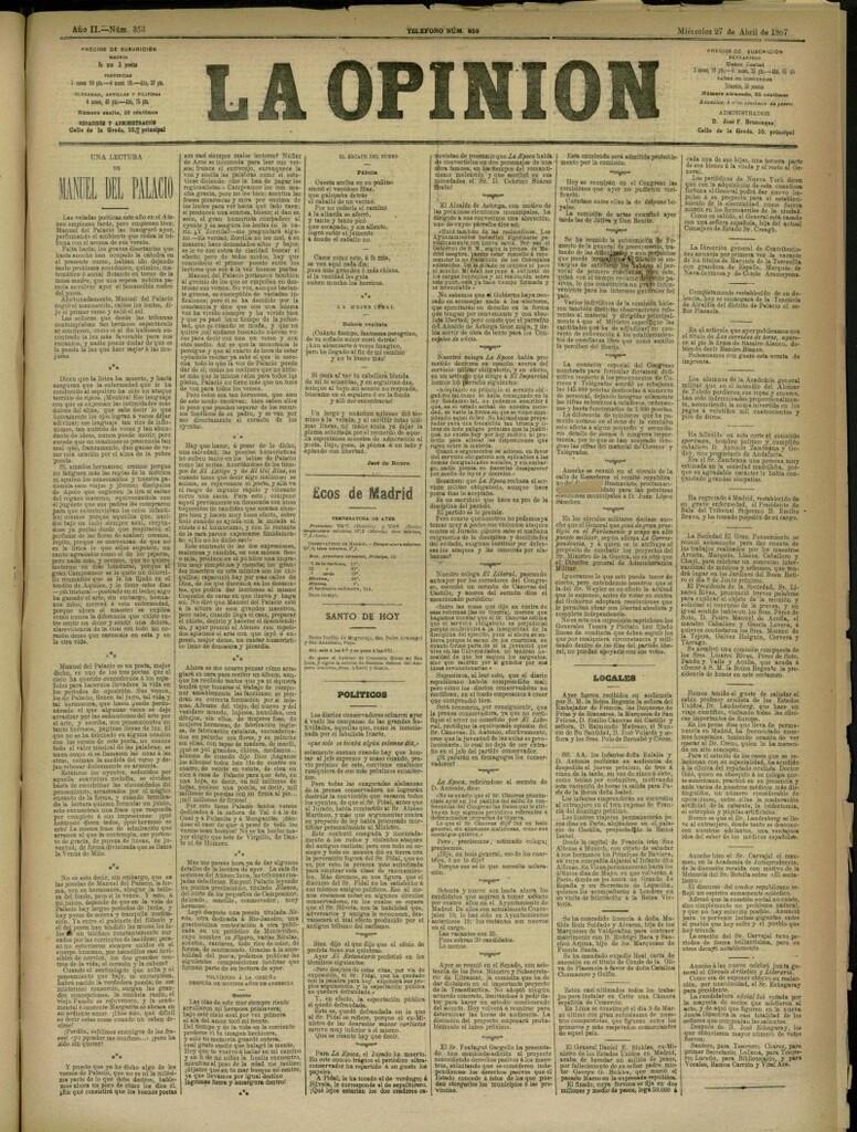 Miniatura de La Opinión del 27 de abril de 1887, nº 353