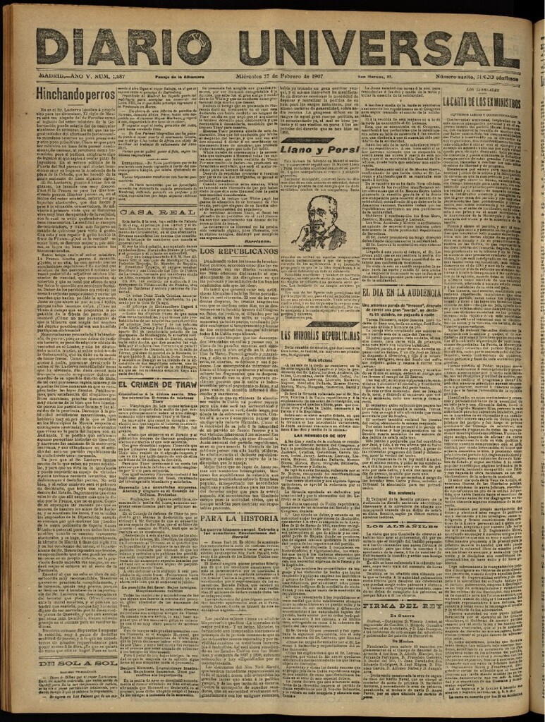 Miniatura de Diario Universal del 27 de febrero de 1907, edición de noche