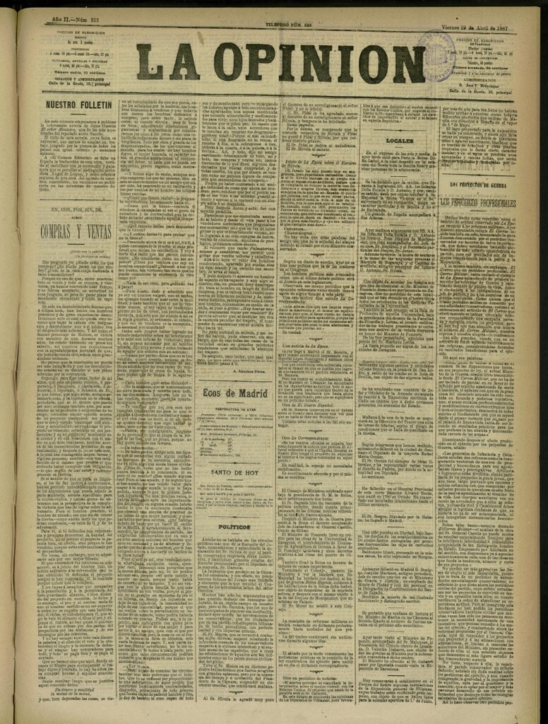 Miniatura de La Opinión del 29 de abril de 1887, nº 355