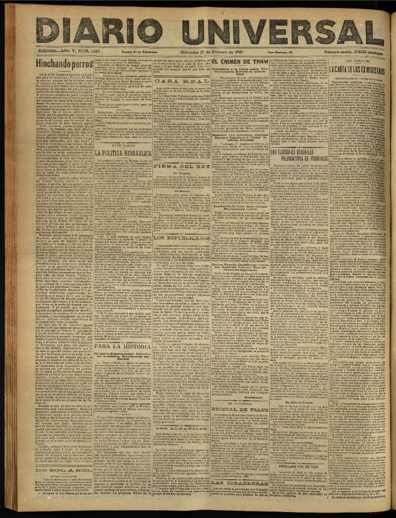 Miniatura de Diario Universal del 27 de febrero de 1907, edición de tarde
