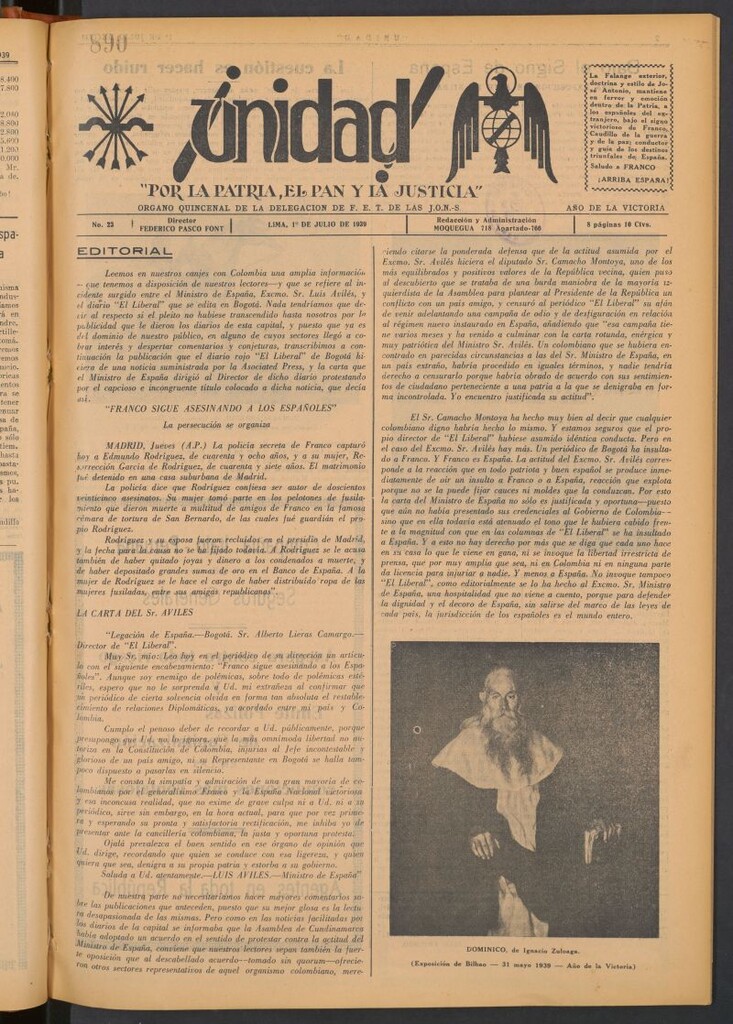 Miniatura de ¡Unidad! : órgano quincenal de la delegación de F.E.T. de las J.O.N.S. del 1 de julio de 1939