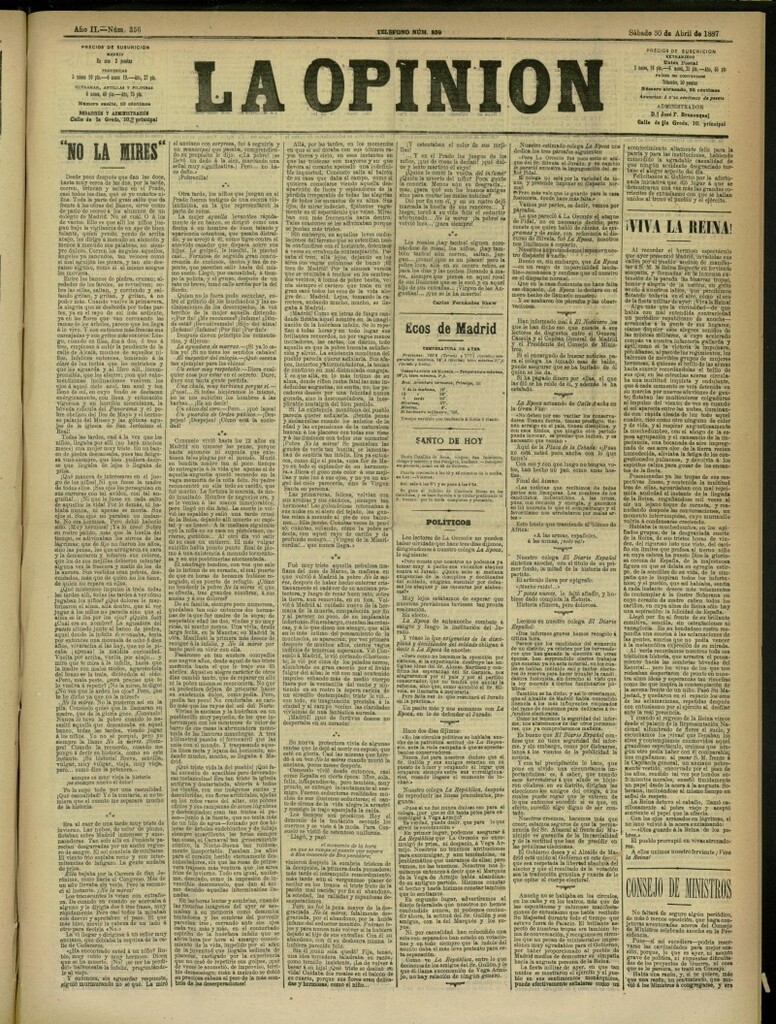 Miniatura de La Opinión del 30 de abril de 1887, nº 356
